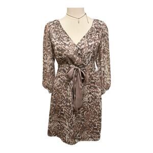 Love 21 Tan, Gray, and White Pleated Tie Front Sheath Midi Dress Size Small